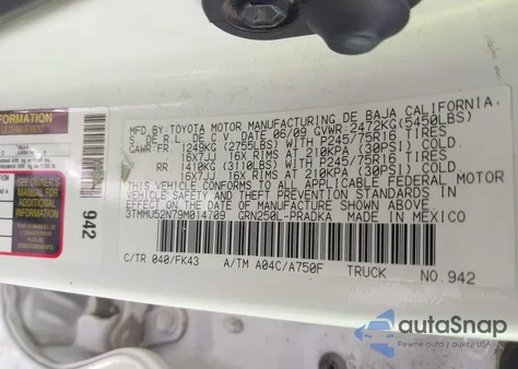 2009 Toyota Tacoma Base V6 z USA, uszkodzony, nr VIN 3TMMU52N79M014709
